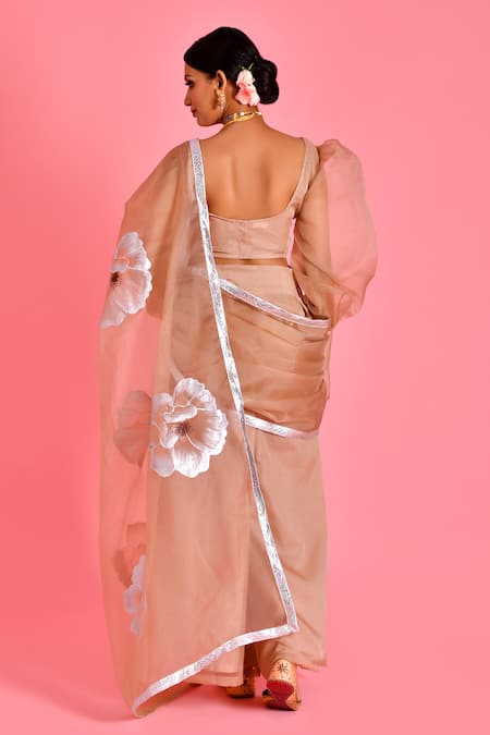 Shop Bannhi By Priyanka Rathore Beige Organza Embroidery Floral Hand Painted Palazzo Saree With Blouse at Aza Fashions Shop_Bannhi By Priyanka Rathore_Beige Organza Embroidery Floral Hand Painted Palazzo Saree With Blouse _at_Aza_Fashions