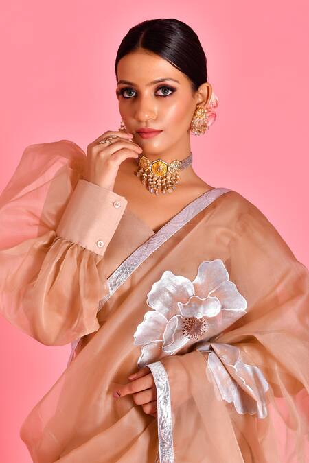 Buy Bannhi By Priyanka Rathore Beige Organza Embroidery Floral Hand Painted Palazzo Saree With Blouse Online at Aza Fashions Buy_Bannhi By Priyanka Rathore_Beige Organza Embroidery Floral Hand Painted Palazzo Saree With Blouse _Online_at_Aza_Fashions