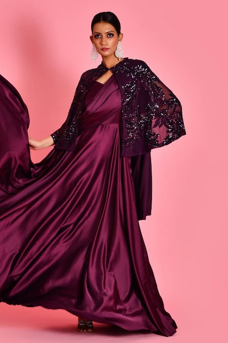 Bannhi By Priyanka Rathore Wine Net, Satin Sequins Open Neck Draped Saree Gown With Embroidered Cape Online at Aza Fashions Bannhi By Priyanka Rathore_Wine Net, Satin Sequins Open Neck Draped Saree Gown With Embroidered Cape _Online_at_Aza_Fashions