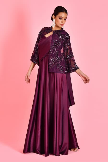 Shop Bannhi By Priyanka Rathore Wine Net, Satin Sequins Open Neck Draped Saree Gown With Embroidered Cape Online at Aza Fashions Shop_Bannhi By Priyanka Rathore_Wine Net, Satin Sequins Open Neck Draped Saree Gown With Embroidered Cape _Online_at_Aza_Fashions