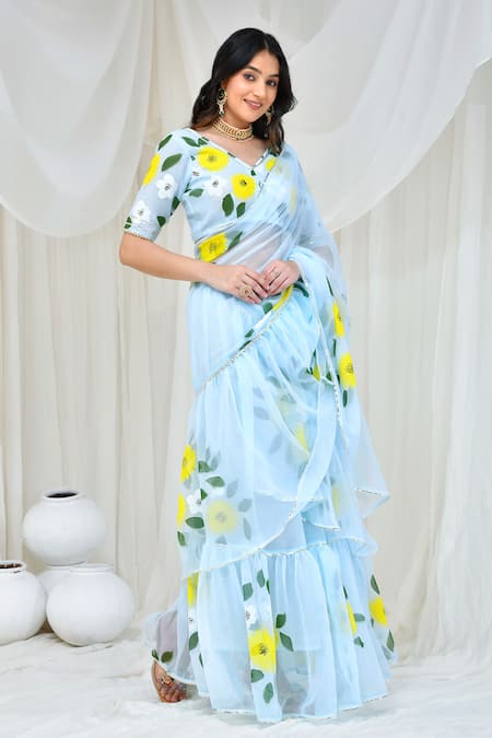 Shop_Bannhi By Priyanka Rathore_Blue Georgette V-neck Flower Hand Painted Skirt Saree With Blouse _Online_at_Aza_Fashions