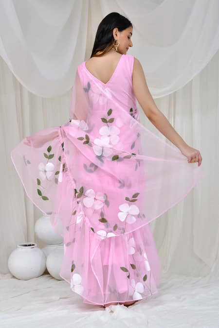 Shop_Bannhi By Priyanka Rathore_Pink Organza Flower Hand Painted Saree Gown _at_Aza_Fashions