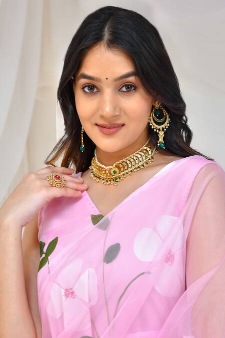 Shop_Bannhi By Priyanka Rathore_Pink Organza Flower Hand Painted Saree Gown _Online_at_Aza_Fashions