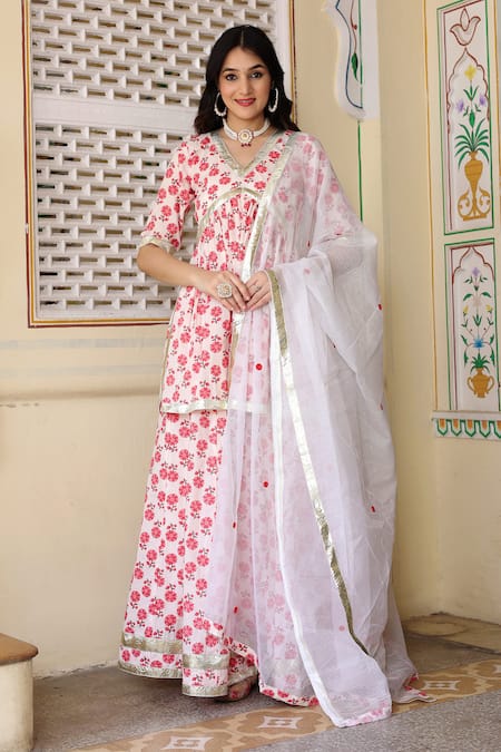 Bannhi Cotton Printed Kurta Skirt Set 