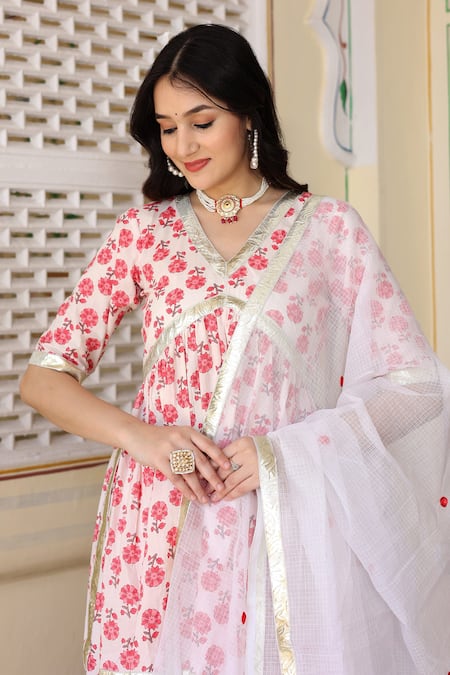 Shop_Bannhi By Priyanka Rathore_White Cotton Embroidery, Gota Patti V-neck Printed Kurta Skirt Set _Online_at_Aza_Fashions