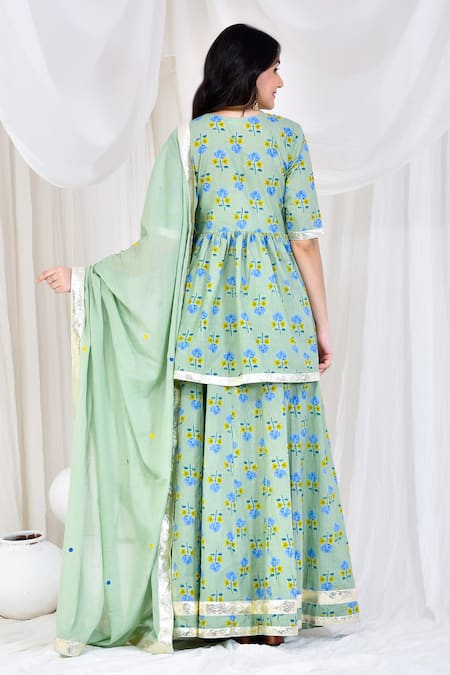 Shop_Bannhi By Priyanka Rathore_Green Cotton Embroidery, Gota Patti, Applique Hand Block Printed Kurta Skirt Set _at_Aza_Fashions