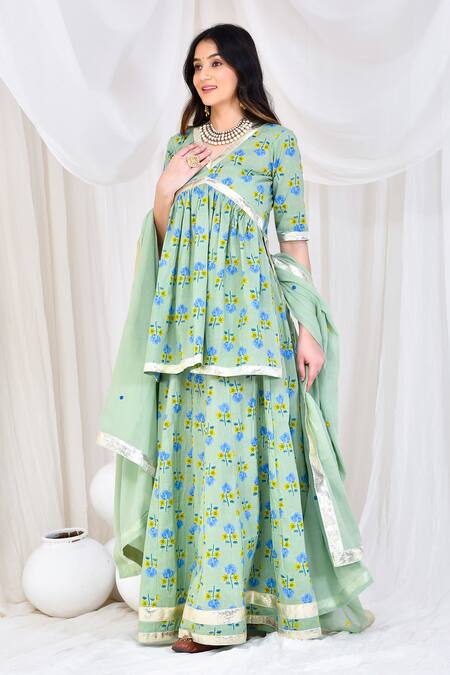 Buy_Bannhi By Priyanka Rathore_Green Cotton Embroidery, Gota Patti, Applique Hand Block Printed Kurta Skirt Set _Online_at_Aza_Fashions