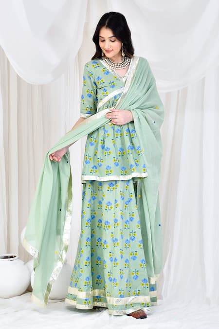 Shop_Bannhi By Priyanka Rathore_Green Cotton Embroidery, Gota Patti, Applique Hand Block Printed Kurta Skirt Set _Online_at_Aza_Fashions