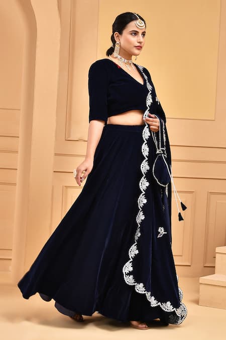 Bannhi By Priyanka Rathore_Blue Velvet Gota Patti Lehenga Set With Scallop Border Embroidered Dupatta _Online_at_Aza_Fashions