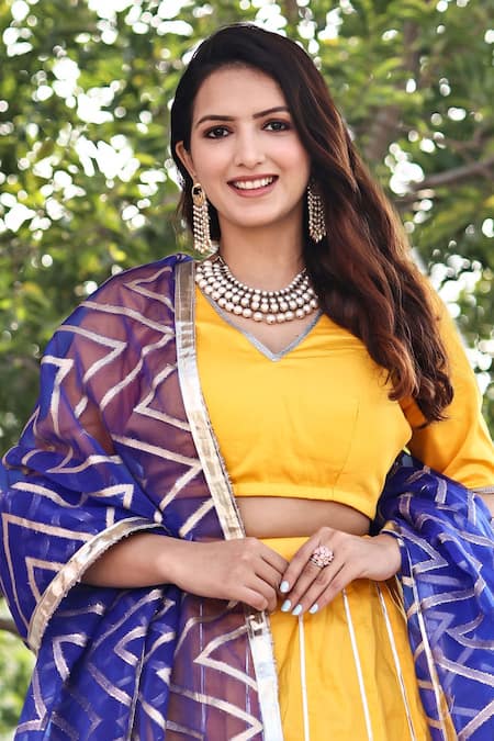 Bannhi By Priyanka Rathore_Yellow Organza, Cotton, Silk Gota Patti, Zari Stripe Embellished Lehenga Set _Online_at_Aza_Fashions