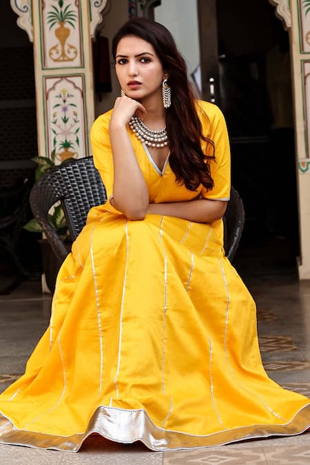 Buy_Bannhi By Priyanka Rathore_Yellow Organza, Cotton, Silk Gota Patti, Zari Stripe Embellished Lehenga Set _Online_at_Aza_Fashions