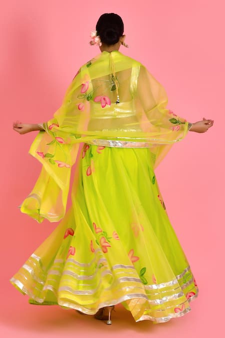 Shop Bannhi By Priyanka Rathore Green Cotton, Organza Gota Patti, Embroidery Floral Hand Painted Lehenga Set at Aza Fashions Shop_Bannhi By Priyanka Rathore_Green Cotton, Organza Gota Patti, Embroidery Floral Hand Painted Lehenga Set _at_Aza_Fashions