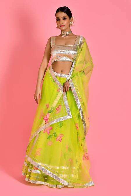 Shop Bannhi By Priyanka Rathore Green Cotton, Organza Gota Patti, Embroidery Floral Hand Painted Lehenga Set Online at Aza Fashions Shop_Bannhi By Priyanka Rathore_Green Cotton, Organza Gota Patti, Embroidery Floral Hand Painted Lehenga Set _Online_at_Aza_Fashions