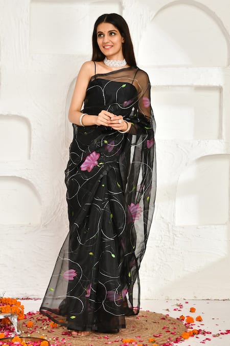 Shop_Bannhi By Priyanka Rathore_Black Organza Lotus Hand Painted Saree _Online_at_Aza_Fashions