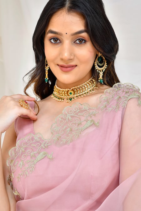 Buy_Bannhi By Priyanka Rathore_Rose Gold Organza Embroidery Square Neck Floral Border Saree With Blouse _Online_at_Aza_Fashions