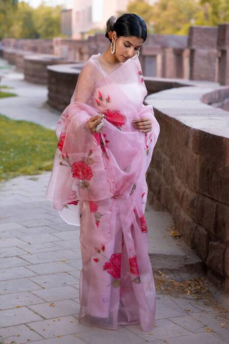 Buy_Bannhi By Priyanka Rathore_Pink Organza Rose Hand Painted Saree _Online_at_Aza_Fashions