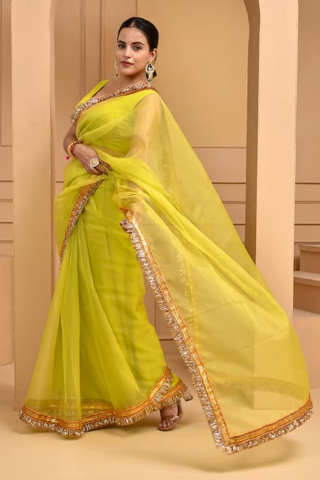 Buy_Bannhi By Priyanka Rathore_Green Organza Gota Patti V-neck Border Embellished Saree With Blouse _Online_at_Aza_Fashions