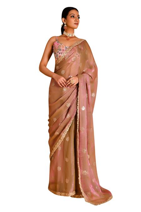 Bannhi By Priyanka Rathore_Pink Tissue, Organza Sequins, Lace V-neck Floral Embellished Saree With Blouse _Online_at_Aza_Fashions