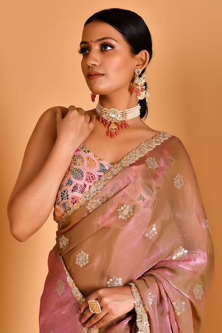 Buy_Bannhi By Priyanka Rathore_Pink Tissue, Organza Sequins, Lace V-neck Floral Embellished Saree With Blouse _Online_at_Aza_Fashions
