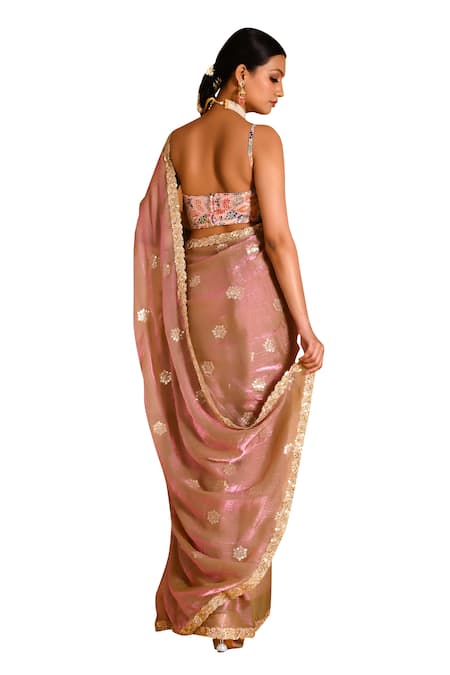 Shop_Bannhi By Priyanka Rathore_Pink Tissue, Organza Sequins, Lace V-neck Floral Embellished Saree With Blouse _Online_at_Aza_Fashions