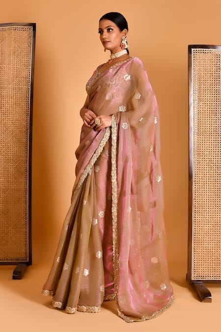 Bannhi By Priyanka Rathore_Pink Tissue, Organza Sequins, Lace V-neck Floral Embellished Saree With Blouse _at_Aza_Fashions