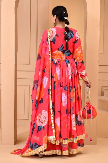 Shop Bannhi By Priyanka Rathore Coral Georgette Gota Patti, Sequins, Embroidery Leaf Print Anarkali Sharara Set at Aza Fashions Shop_Bannhi By Priyanka Rathore_Coral Georgette Gota Patti, Sequins, Embroidery Leaf Print Anarkali Sharara Set _at_Aza_Fashions