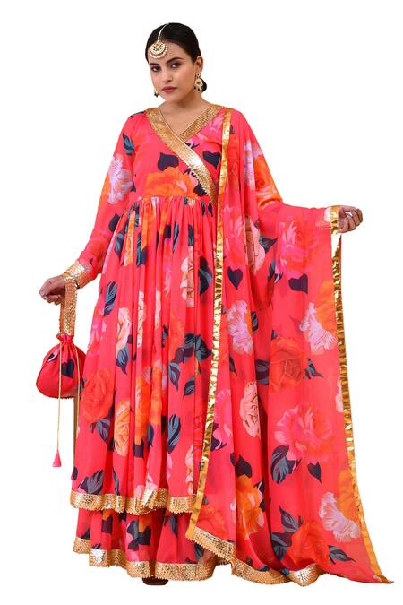 Bannhi By Priyanka Rathore Coral Georgette Gota Patti, Sequins, Embroidery Leaf Print Anarkali Sharara Set Online at Aza Fashions Bannhi By Priyanka Rathore_Coral Georgette Gota Patti, Sequins, Embroidery Leaf Print Anarkali Sharara Set _Online_at_Aza_Fashions