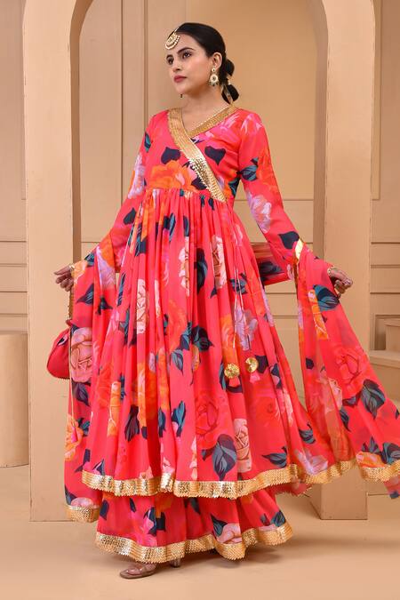 Buy Bannhi By Priyanka Rathore Coral Georgette Gota Patti, Sequins, Embroidery Leaf Print Anarkali Sharara Set Online at Aza Fashions Buy_Bannhi By Priyanka Rathore_Coral Georgette Gota Patti, Sequins, Embroidery Leaf Print Anarkali Sharara Set _Online_at_Aza_Fashions