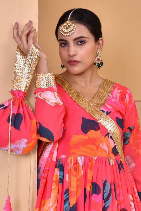 Shop Bannhi By Priyanka Rathore Coral Georgette Gota Patti, Sequins, Embroidery Leaf Print Anarkali Sharara Set Online at Aza Fashions Shop_Bannhi By Priyanka Rathore_Coral Georgette Gota Patti, Sequins, Embroidery Leaf Print Anarkali Sharara Set _Online_at_Aza_Fashions