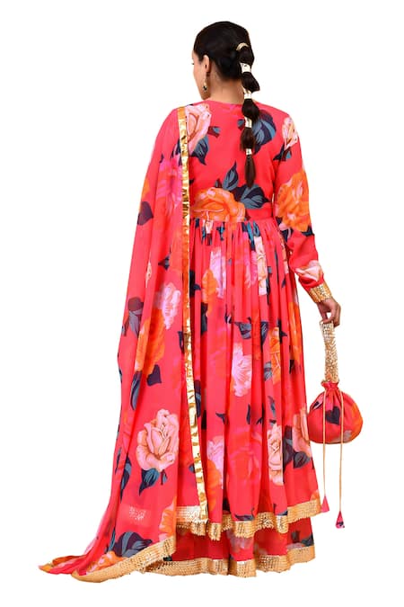 Bannhi By Priyanka Rathore Coral Georgette Gota Patti, Sequins, Embroidery Leaf Print Anarkali Sharara Set at Aza Fashions Bannhi By Priyanka Rathore_Coral Georgette Gota Patti, Sequins, Embroidery Leaf Print Anarkali Sharara Set _at_Aza_Fashions