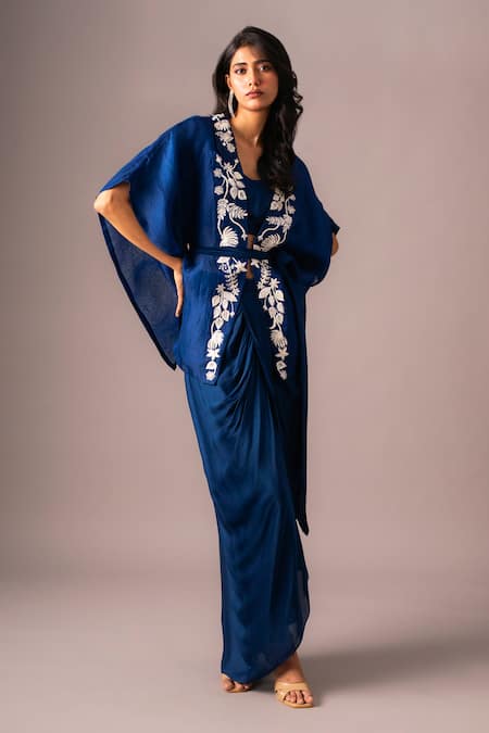 Vanshika Agarwal Label_Blue Organza, Satin, Georgette Beads, Floral Embroidered Jacket Skirt Set _Online_at_Aza_Fashions