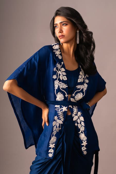 Buy_Vanshika Agarwal Label_Blue Organza, Satin, Georgette Beads, Floral Embroidered Jacket Skirt Set _Online_at_Aza_Fashions