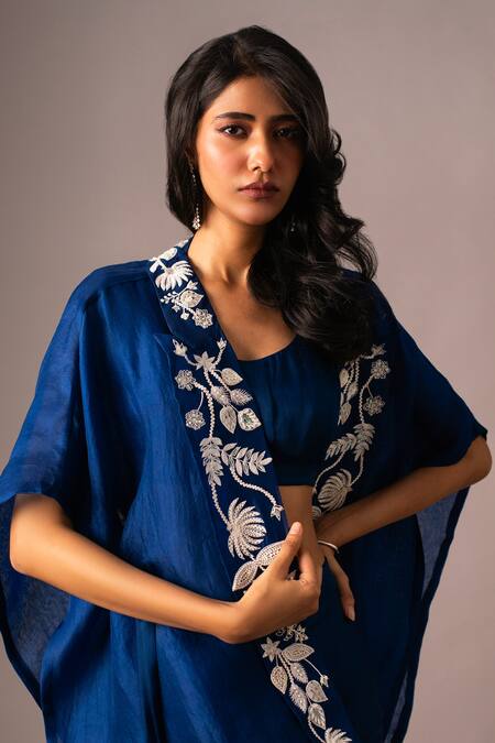 Shop_Vanshika Agarwal Label_Blue Organza, Satin, Georgette Beads, Floral Embroidered Jacket Skirt Set _Online_at_Aza_Fashions