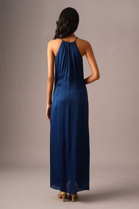 Vanshika Agarwal Label_Blue Organza, Satin, Georgette Beads, Floral Embroidered Jacket Skirt Set _at_Aza_Fashions