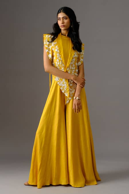 Vanshika Agarwal Label Yellow Bamberg Silk Embroidery Thread Jumpsuit Round Mustard With Overlay 