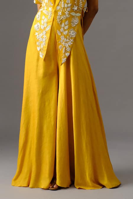 Vanshika Agarwal Label_Yellow Organza, Bamboo Sequins, Beads, Embroidery Mustard Jumpsuit With Overlay _Online_at_Aza_Fashions