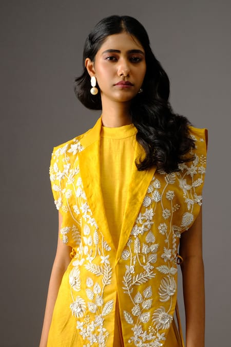 Buy_Vanshika Agarwal Label_Yellow Organza, Bamboo Sequins, Beads, Embroidery Mustard Jumpsuit With Overlay _Online_at_Aza_Fashions