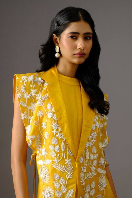 Shop_Vanshika Agarwal Label_Yellow Organza, Bamboo Sequins, Beads, Embroidery Mustard Jumpsuit With Overlay _Online_at_Aza_Fashions