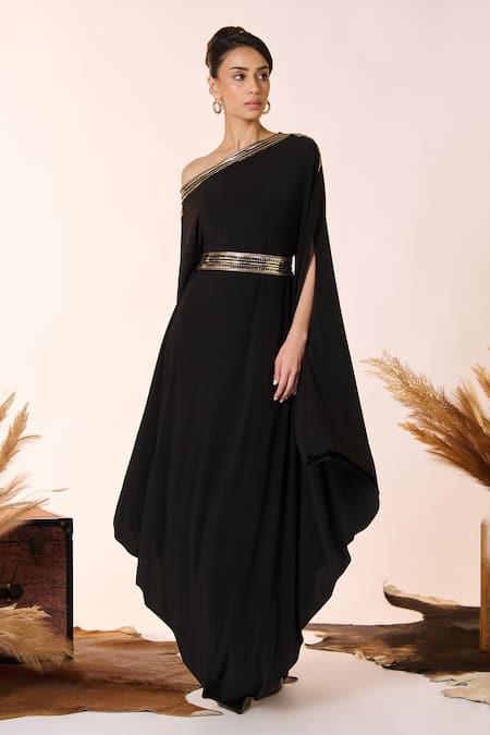 S&N by Shantnu Nikhil Black Poly Blend Embellished Lace One Shoulder Laser Cut Kurta With Belt 