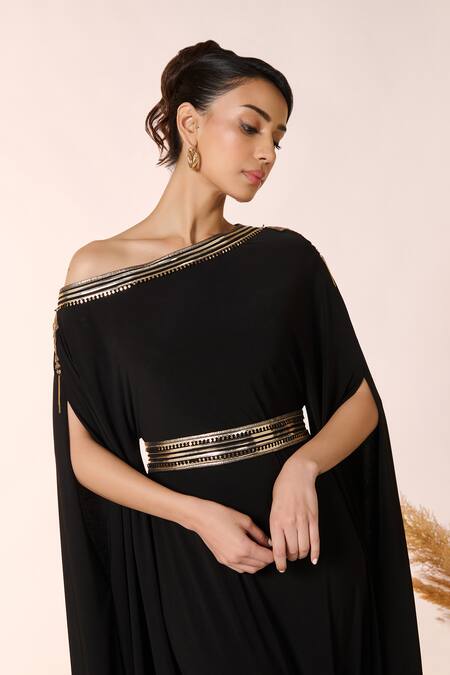Buy_S&N By Shantnu Nikhil_Black Lycra, Polyester Lace One Laser Cut Embellished Kurta With Belt_Online_at_Aza_Fashions