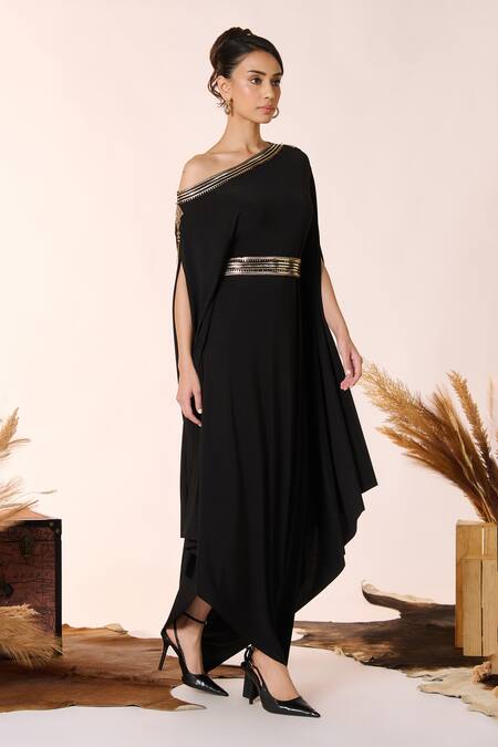Shop_S&N By Shantnu Nikhil_Black Lycra, Polyester Lace One Laser Cut Embellished Kurta With Belt_Online_at_Aza_Fashions