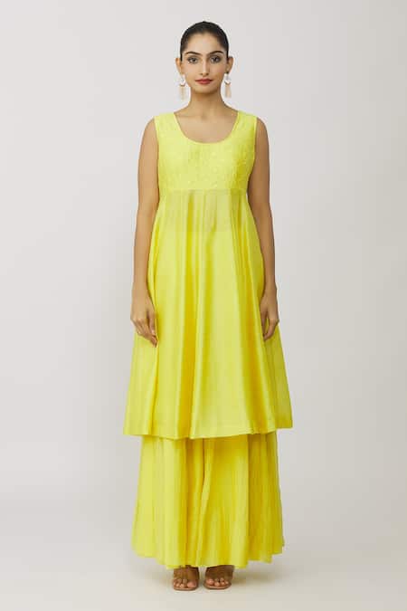 Neeta Bhargava_Yellow Chanderi Embroidery Button-down Neck, Scoop Floral Jacket Gharara Set _at_Aza_Fashions