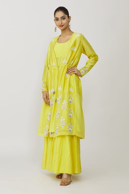 Shop_Neeta Bhargava_Yellow Chanderi Embroidery Button-down Neck, Scoop Floral Jacket Gharara Set _Online_at_Aza_Fashions