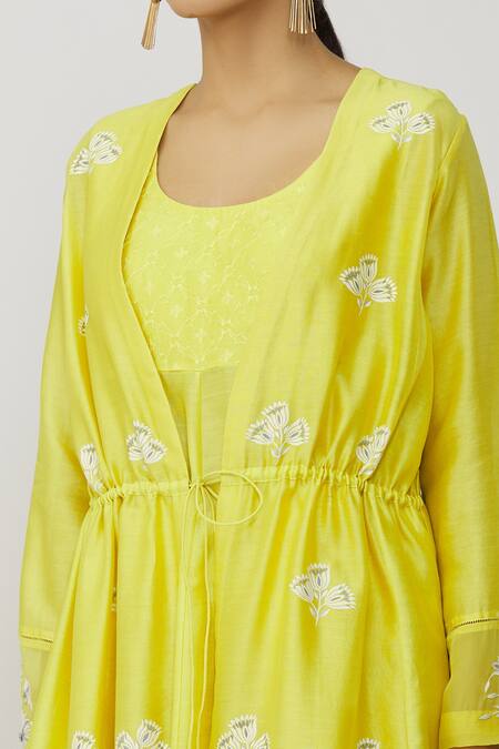 Neeta Bhargava_Yellow Chanderi Embroidery Button-down Neck, Scoop Floral Jacket Gharara Set _Online_at_Aza_Fashions