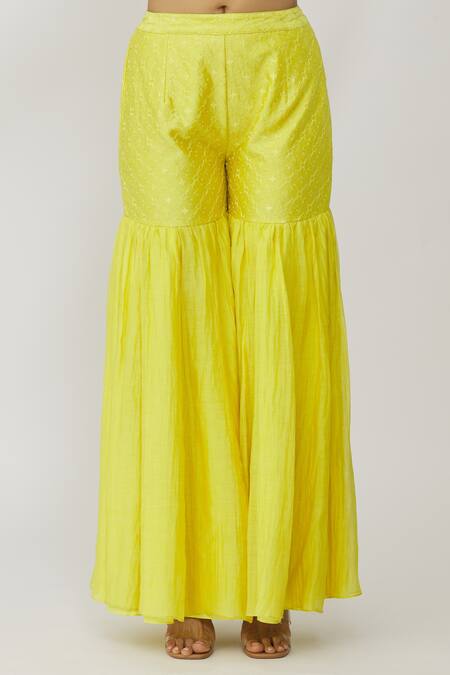 Buy_Neeta Bhargava_Yellow Chanderi Embroidery Button-down Neck, Scoop Floral Jacket Gharara Set _Online_at_Aza_Fashions