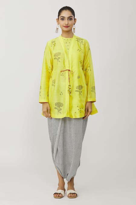 Neeta Bhargava_Yellow Chanderi, Crepe Embroidery Round Neck Peplum Kurta And Dhoti Pant Set _Online_at_Aza_Fashions