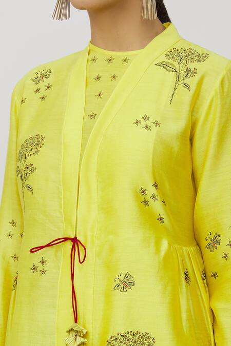Buy_Neeta Bhargava_Yellow Chanderi, Crepe Embroidery Round Neck Peplum Kurta And Dhoti Pant Set _Online_at_Aza_Fashions