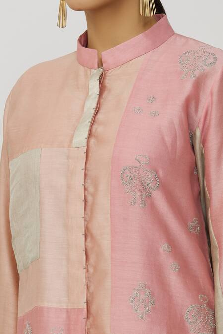 Buy_Neeta Bhargava_Pink Chanderi, Voile Patchwork, Embroidery Mandarin Collar Shirt And Pant Set _Online_at_Aza_Fashions