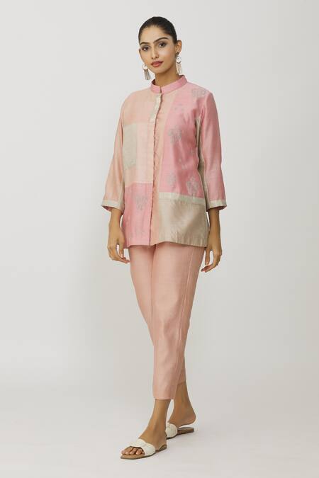 Shop_Neeta Bhargava_Pink Chanderi, Voile Patchwork, Embroidery Mandarin Collar Shirt And Pant Set _Online_at_Aza_Fashions