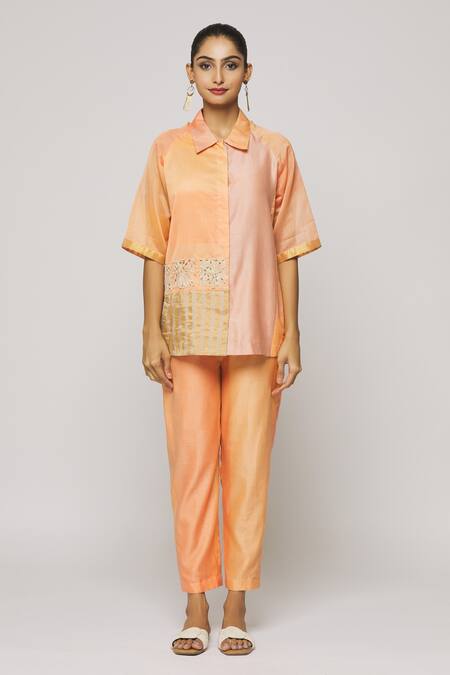 Neeta Bhargava_Peach Chanderi, Tissue Embroidery Shawl Reglan Sleeve Shaded Shirt And Pant Set _at_Aza_Fashions